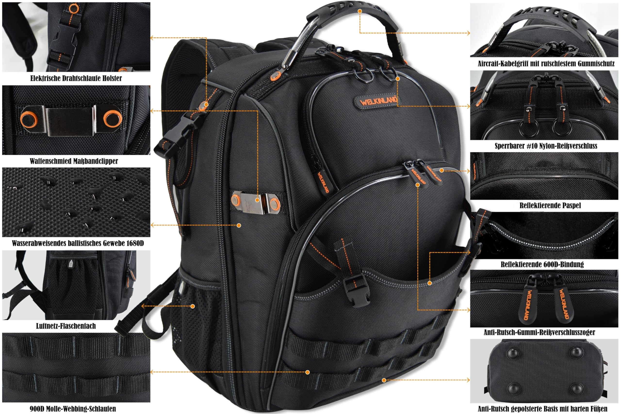 WELKINLAND Rucksack Mit 66 Taschen - Robuster Werkzeugrucksack für Elektriker, Baustellen und Herren