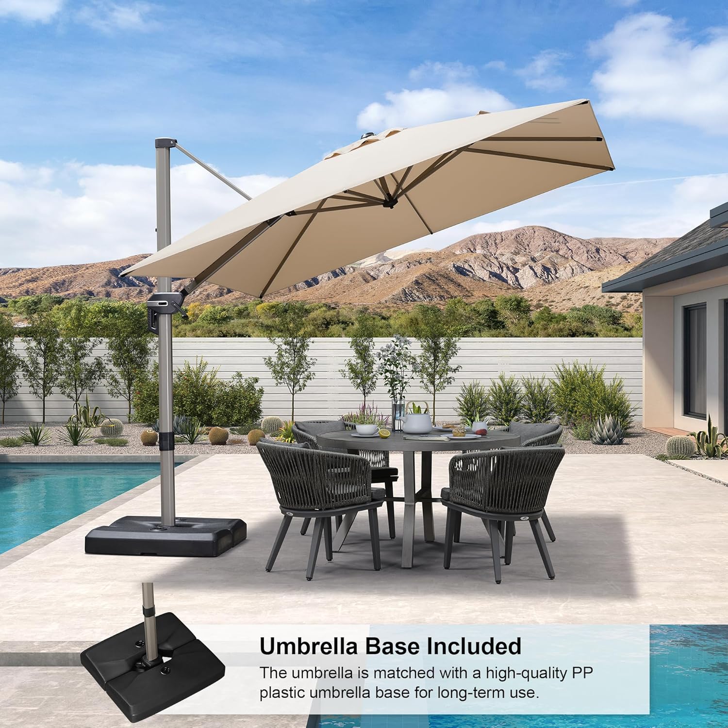 PURPLE LEAF Patio Umbrella with Base Included, 9ft Outdoor Aluminum Cantilever Umbrella with 360° Rotation, Aluminum Large Offset Umbrella for Outdoor Garden Pool, Beige