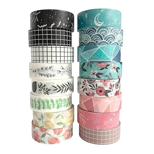 Miniatura 9 de Washi Tape Set - 16 rollos de cinta decorativa de 0.591in de ancho para álbumes de recortes, revistas balas, planificadores, decoración de bricolaje