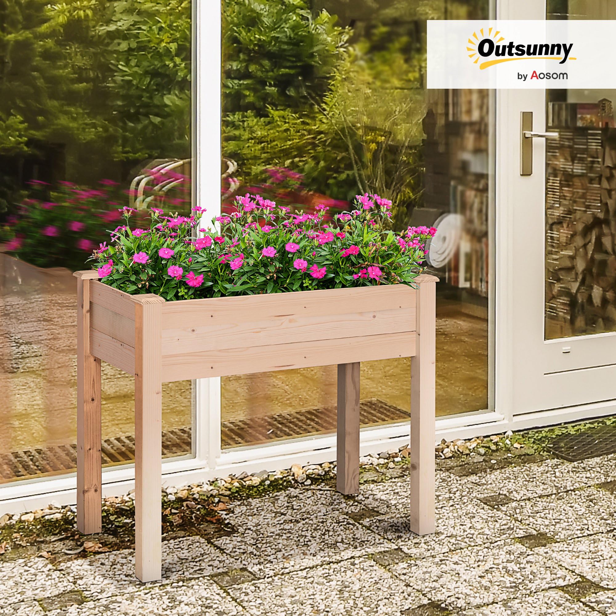 Outsunny Jardinière sur Pieds Potager dim. 86L x 46l x 76H cm Inserts d'irrigation + Feutre de Drainage Inclus Bois Massif Sapin, Effet Bois Naturel