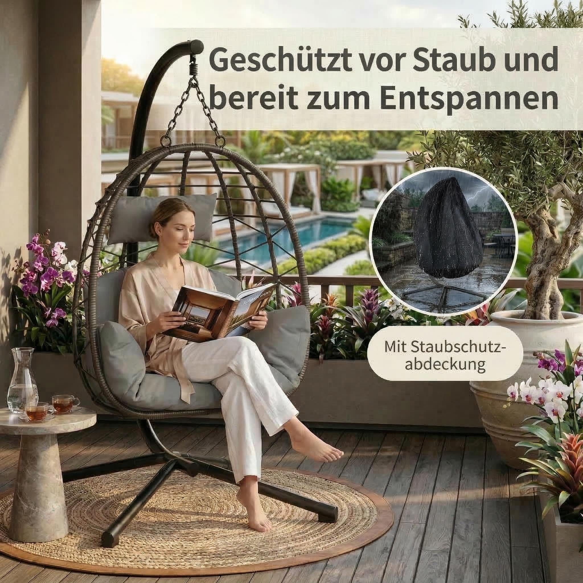 Faltbarer Hängesessel mit Gestell – Wetterfestes PE-Rattan, inkl. Staubschutzhaube & Kissen, ergonomisch & einfach zu montieren – Für Garten, Balkon, Terrasse – Belastbar bis 150kg – Graues