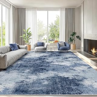 AMADA HOMEFURNISHING 8x10 Dark Blue Abstract Washable Area Rug, Non-Slip Low Pile Modern Rug for Living Room, Bedroom, Office