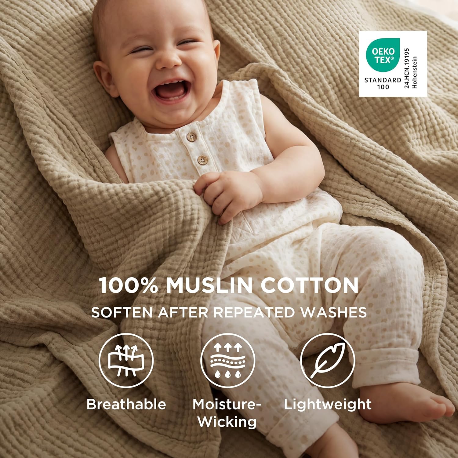 Bedsure 100% Cotton Muslin Blankets for Adults Large Throw 50x70 Inches - 4-Layer Breathable and Lightweight, Soft Boho Gauze Muslin Cotton Blanket for Couch Decor Travel Summer, Light Brown