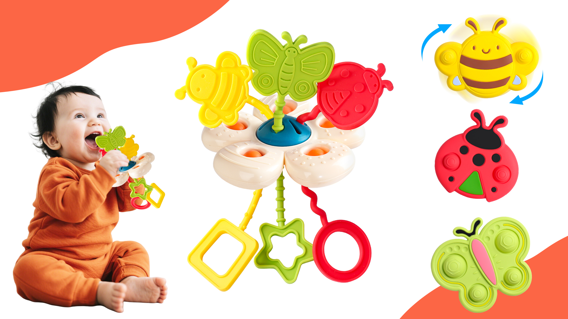 3 Pièces Jouets De Bain Bébé Avec Ventouse - Jouets Rotatifs Dessin Animé Abeille Carotte Soleil Pour Bébé 6-36 Mois