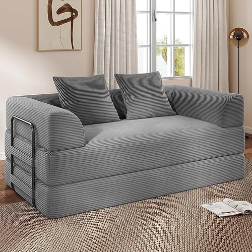 Cloud Boneless Convertible Floor Sofa Bed, 70" 4-in-1 Foldable Compressed Loveseat Lounge Sleeper 2 Seater Couches, High-Density Sponge & Corduroy Fabric Futon Daybed for Living Room Bedroom(Gray)