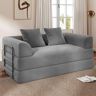 Cloud Boneless Convertible Floor Sofa Bed, 70" 4-in-1 Foldable Compressed Loveseat Lounge Sleeper 2 Seater Couches, High-Density Sponge & Corduroy Fabric Futon Daybed for Living Room Bedroom(Gray) - Amazon product rated Grade A