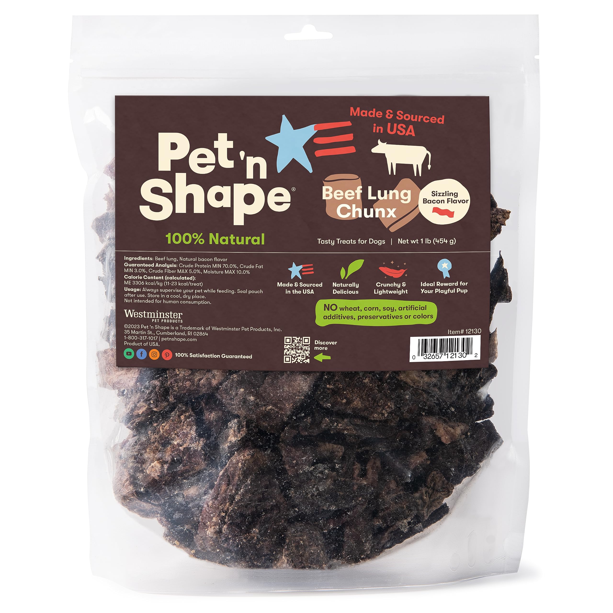Pet 'n Shape Beef Lung Chunx Dog Treats - Made and Sourced in the USA - 16 Ounce