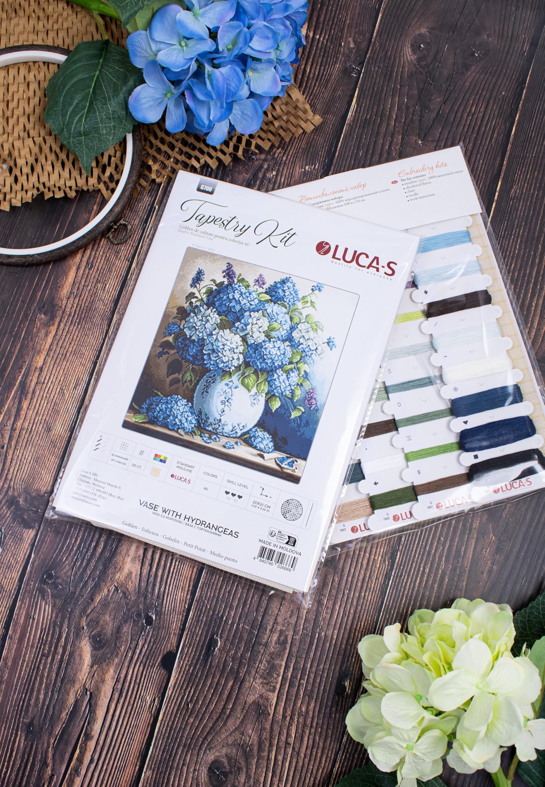 Luca-S Gobelin Stickpackung Vase mit Hortensien Zählmuster, Multifarbig