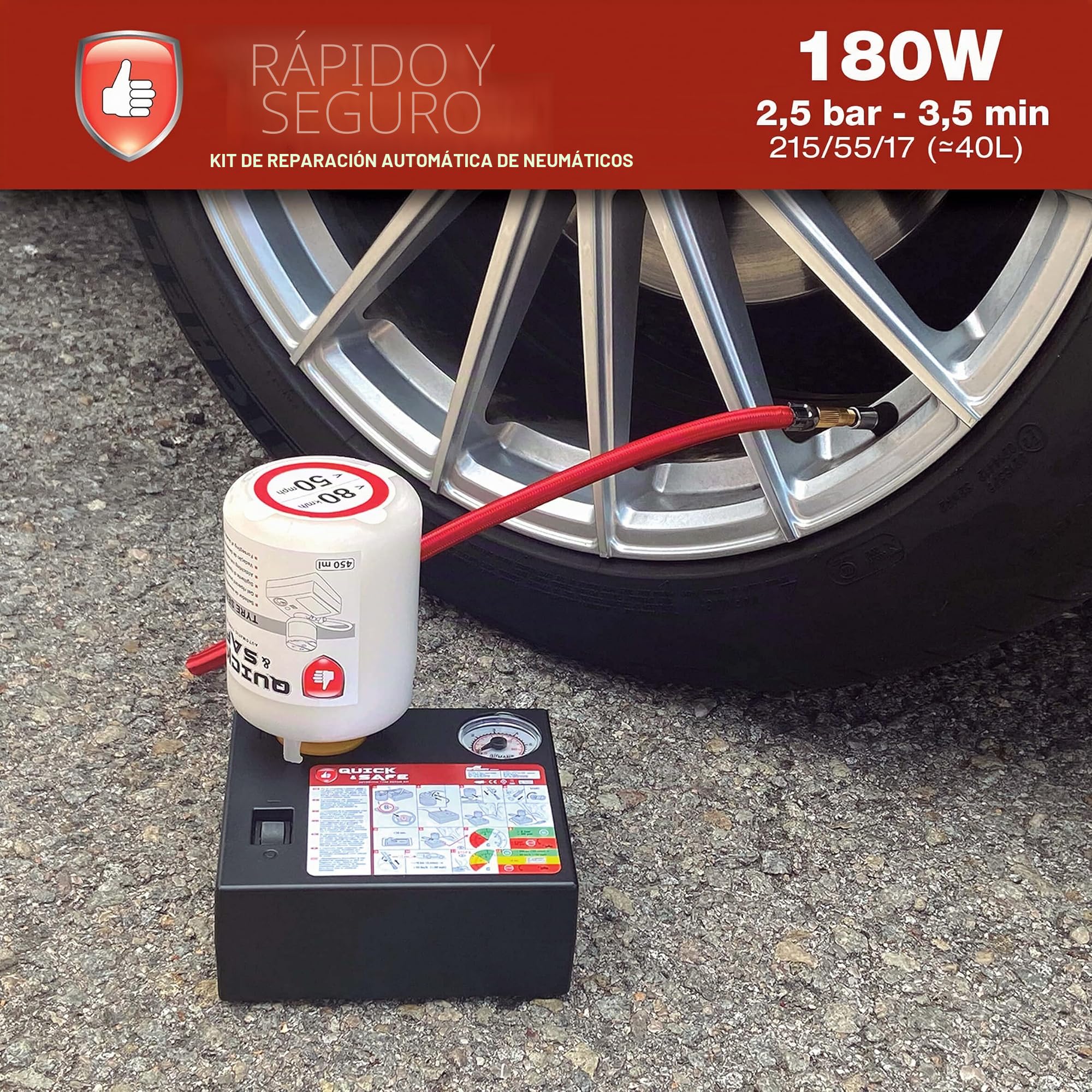 S SUMEX Kit de Reparación de Pinchazos para Coche Arregla y Repara Neumáticos Compresor de Aire de 180w con Conector 12V y 450ml Líquido Sellante