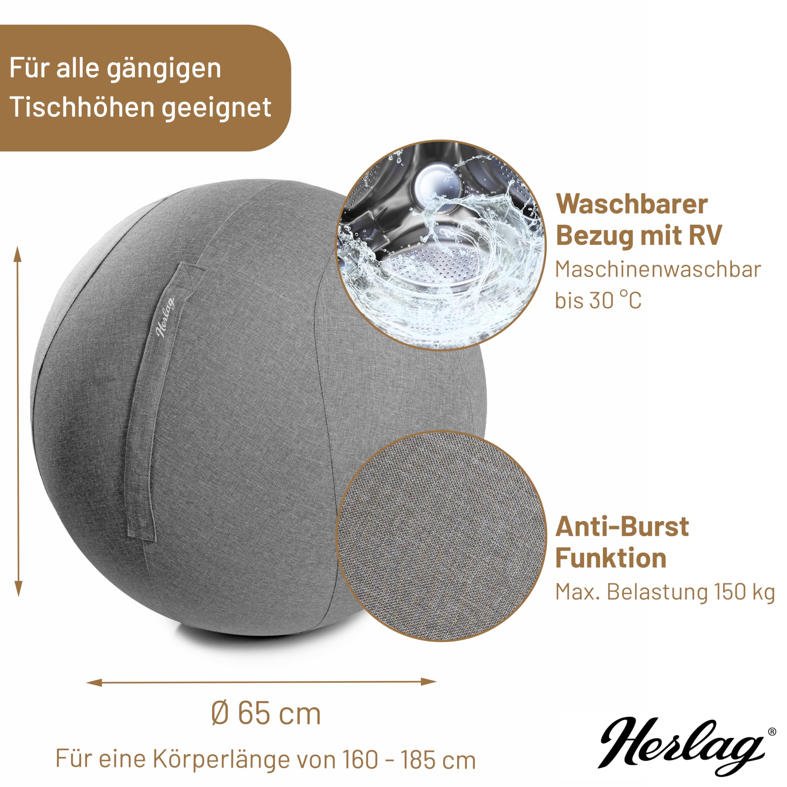 Herlag Office Ball 65cm - Sitzball ergonomisches Sitzen - Gymnastikball Büro & Home Office - Inklusive Stoffbezug Innenball Pumpe Adapter - Alternativer Bürostuhl - Waschbarer Bezug - Grau