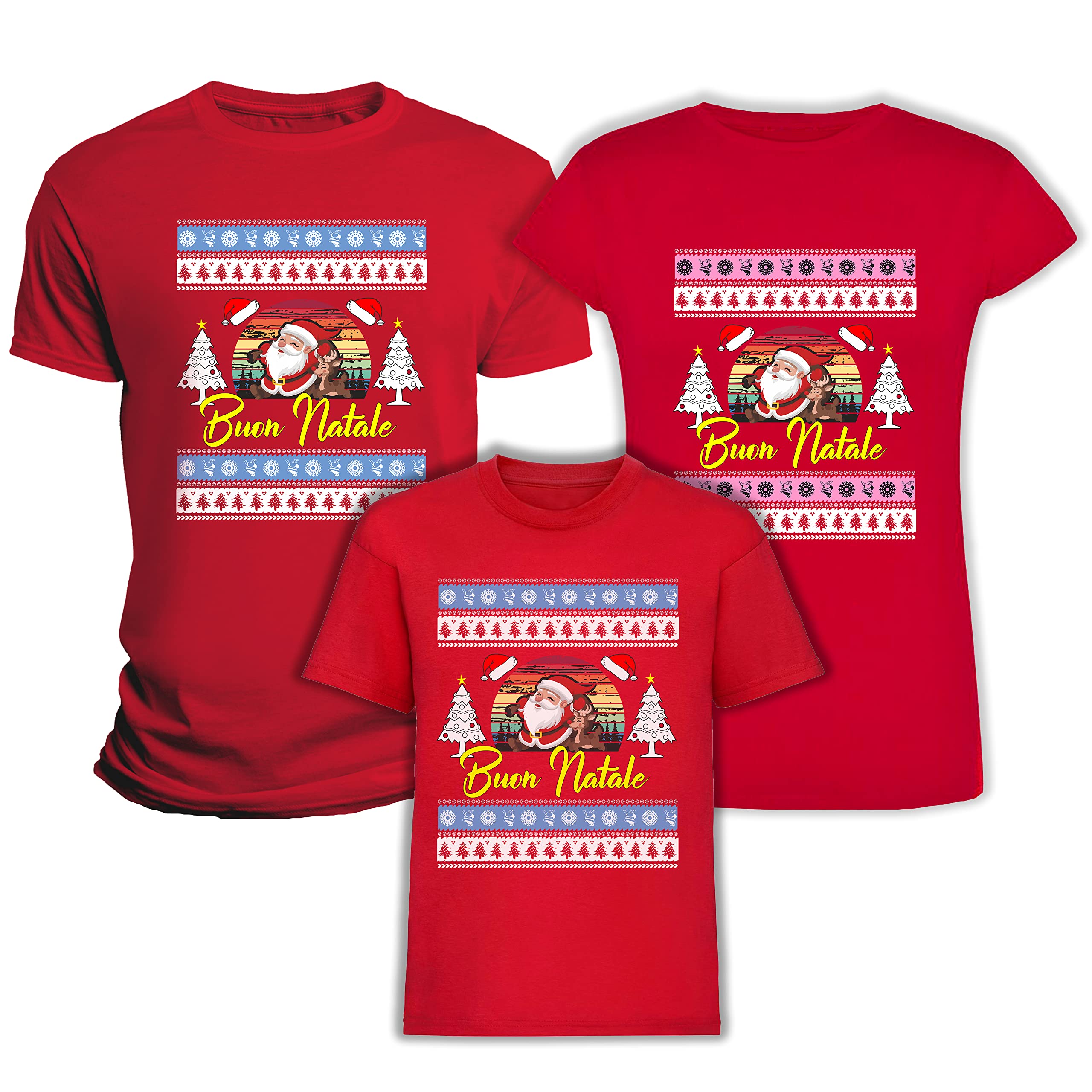 Tris Famiglia Magliette Natale - 3 Tshirt - Buon Natale - papà - Mamma - Figlio - Figlia - Coordinato Natalizio