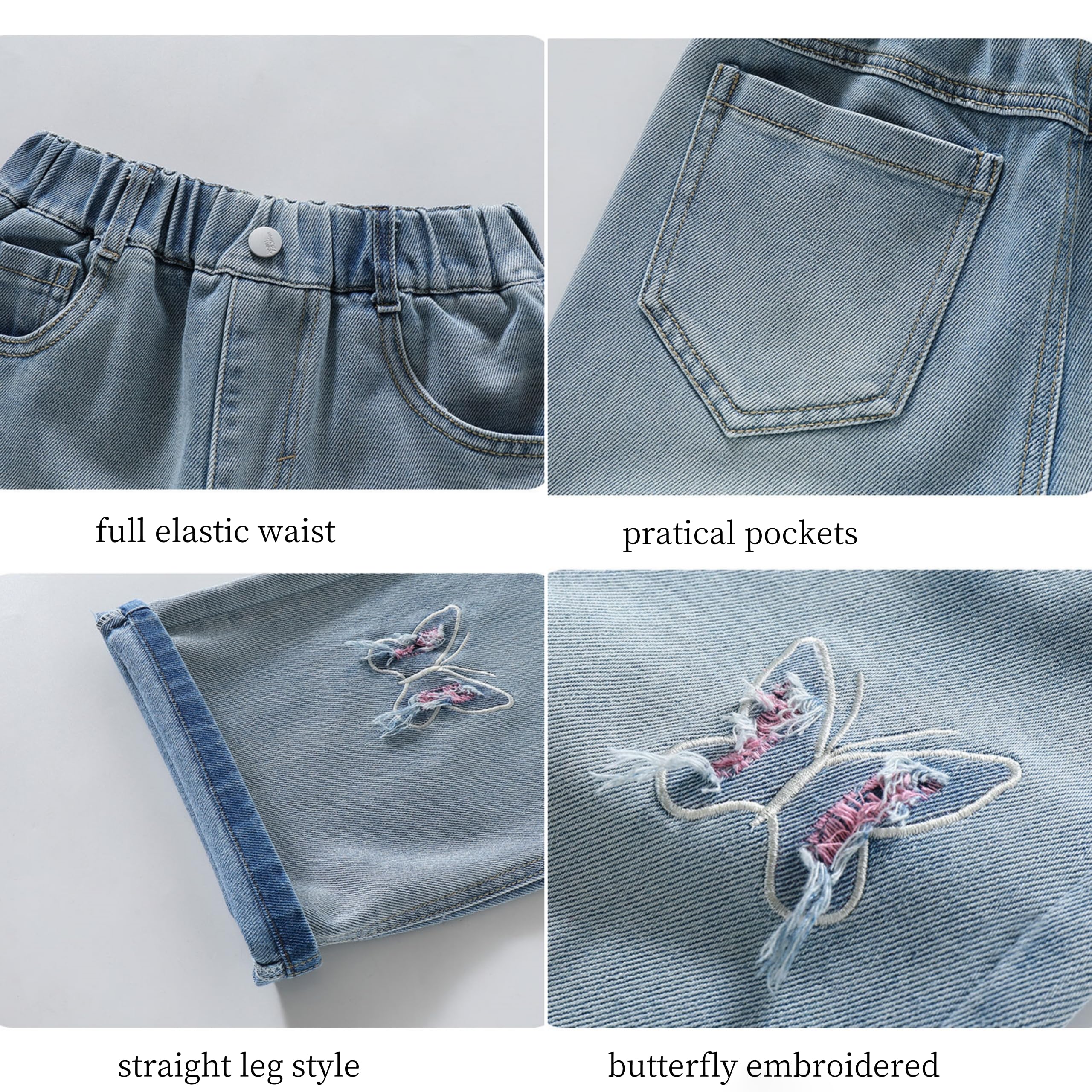 Rolanko Jeans holgados para niñas, pantalones de mezclilla desgastados, cintura elástica, pierna ancha, ajuste holgado de 4 a 14 años