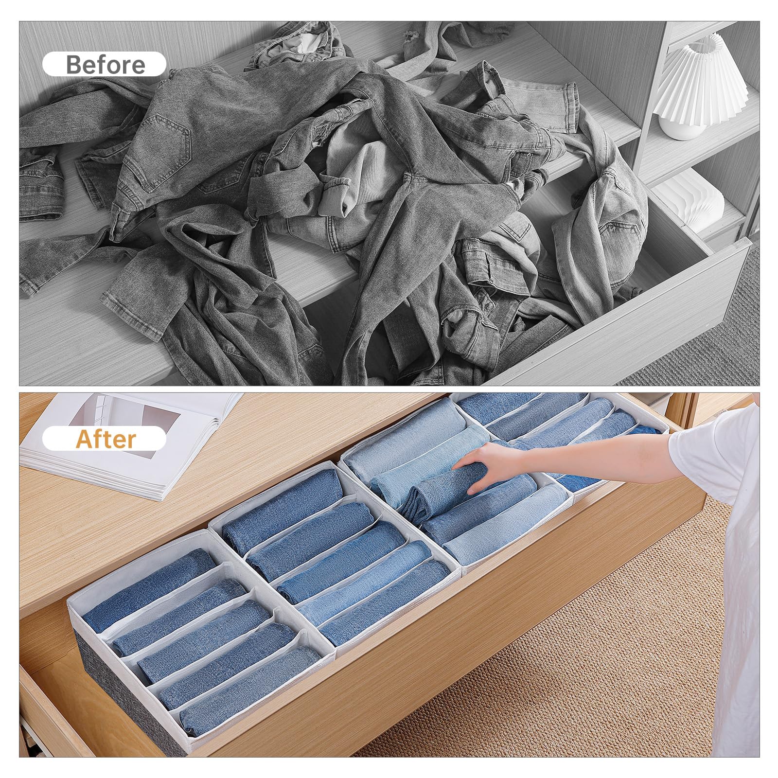 Organizador de cajones de jeans para ropa, caja de almacenamiento de 5 compartimentos, organizador de ropa lavable para jeans, pantalones, leggings, camisetas (gris y blanco)
