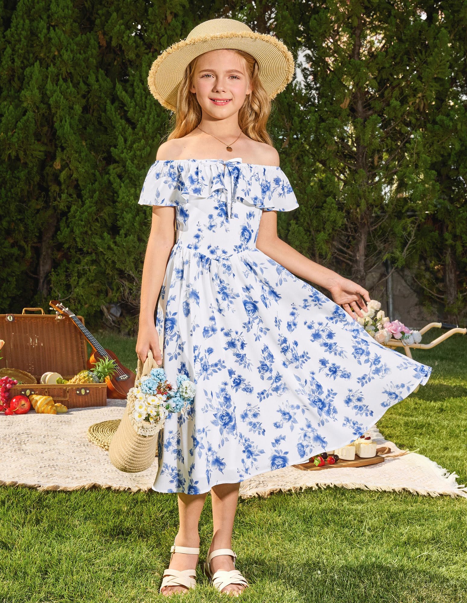 GRACE KARIN Mädchen Sommer Kleid A-Linie Blumenmuster Rüschenkragen Prinzessinkleid mit Schleife