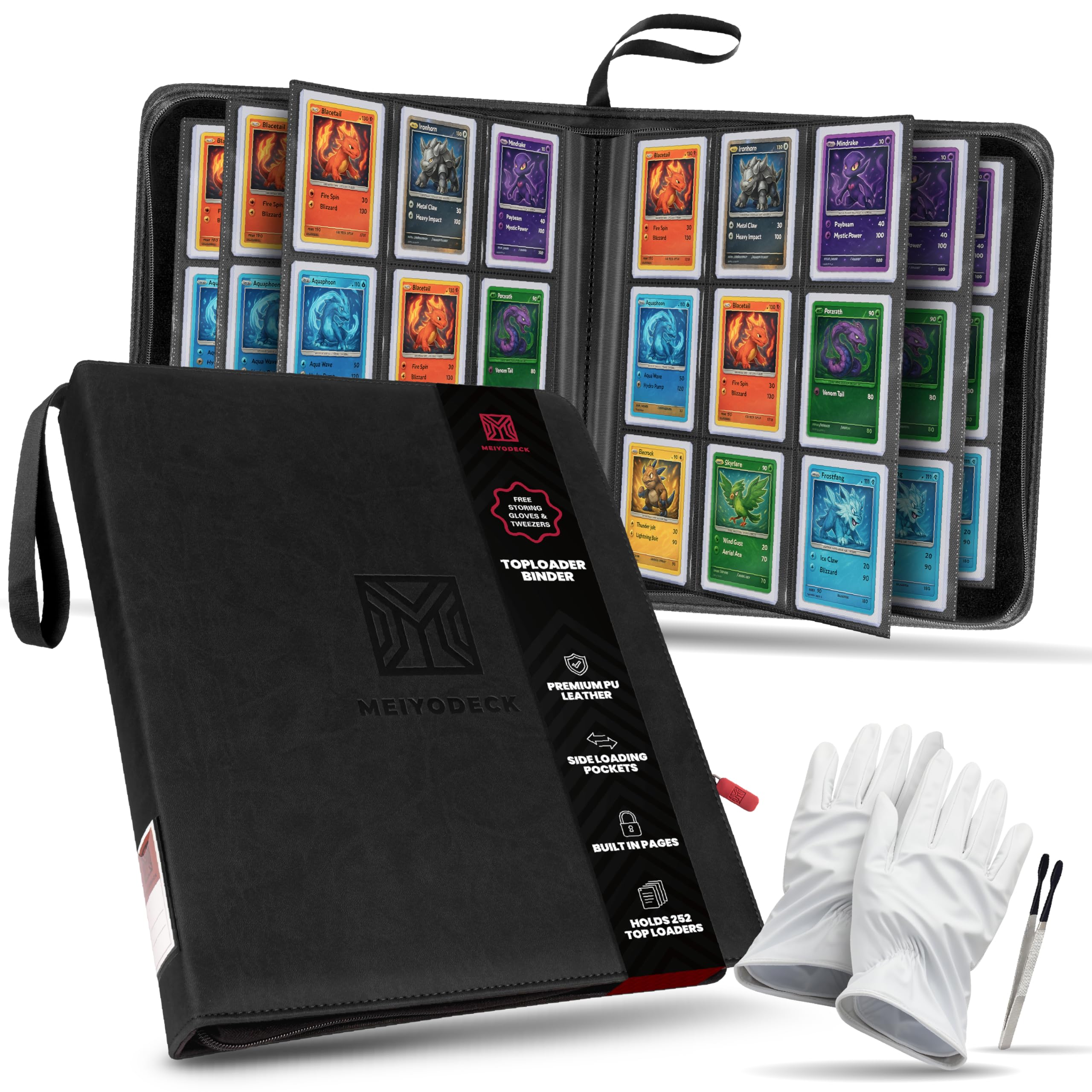 Toploader Binder | Holds 252 Toploaders | 9-Pocket | Ringless Double-Sided Pockets | Includes Collector Tweezers & Gloves | Premium Top Loader Binder