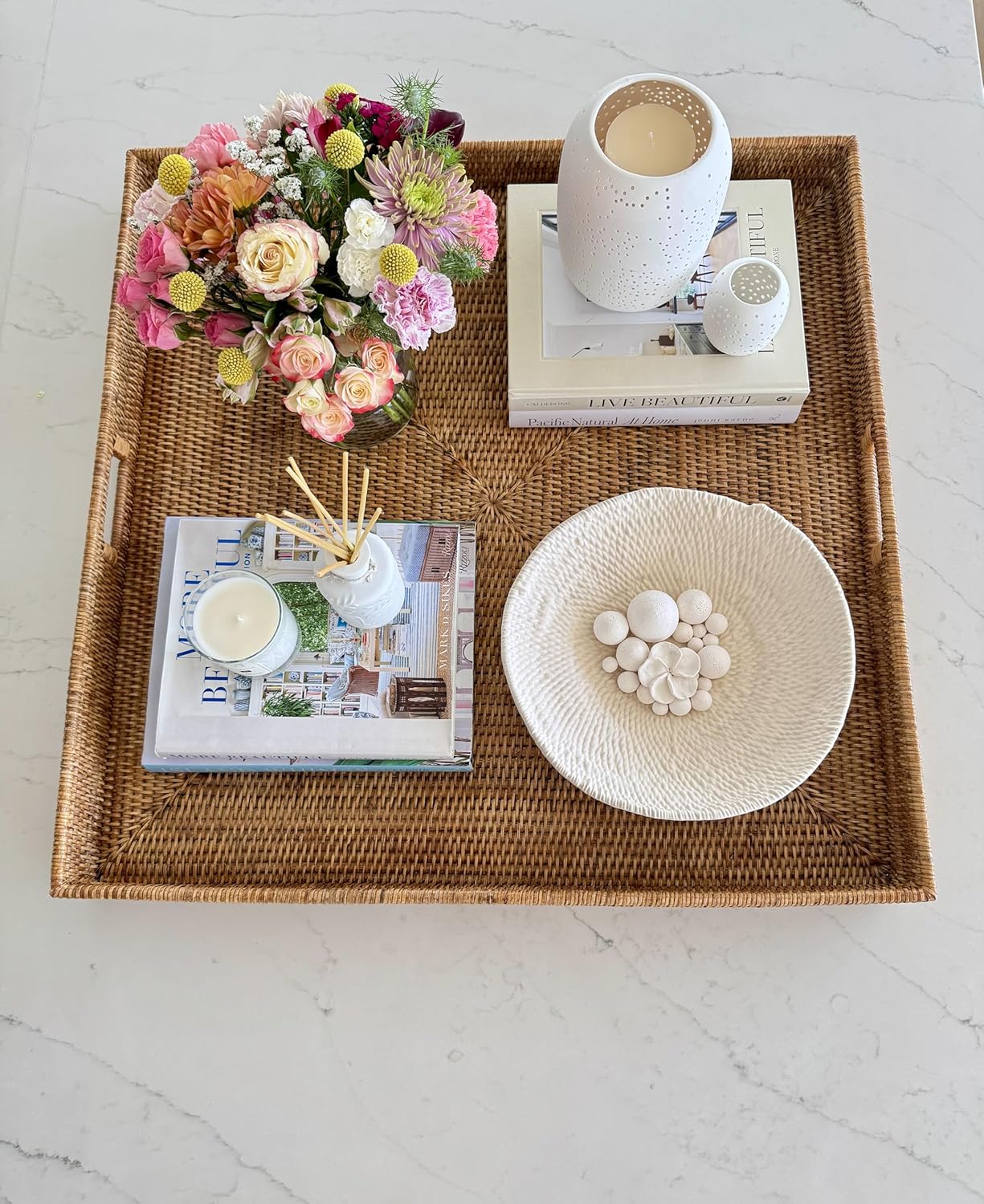 KOUBOO La Jolla Rattan Tray, Square Woven Tray - Decorative Coffee Table, Breakfast Tray, Home Decor, Serving & Basket Style, Extra Large, Honey-Brown
