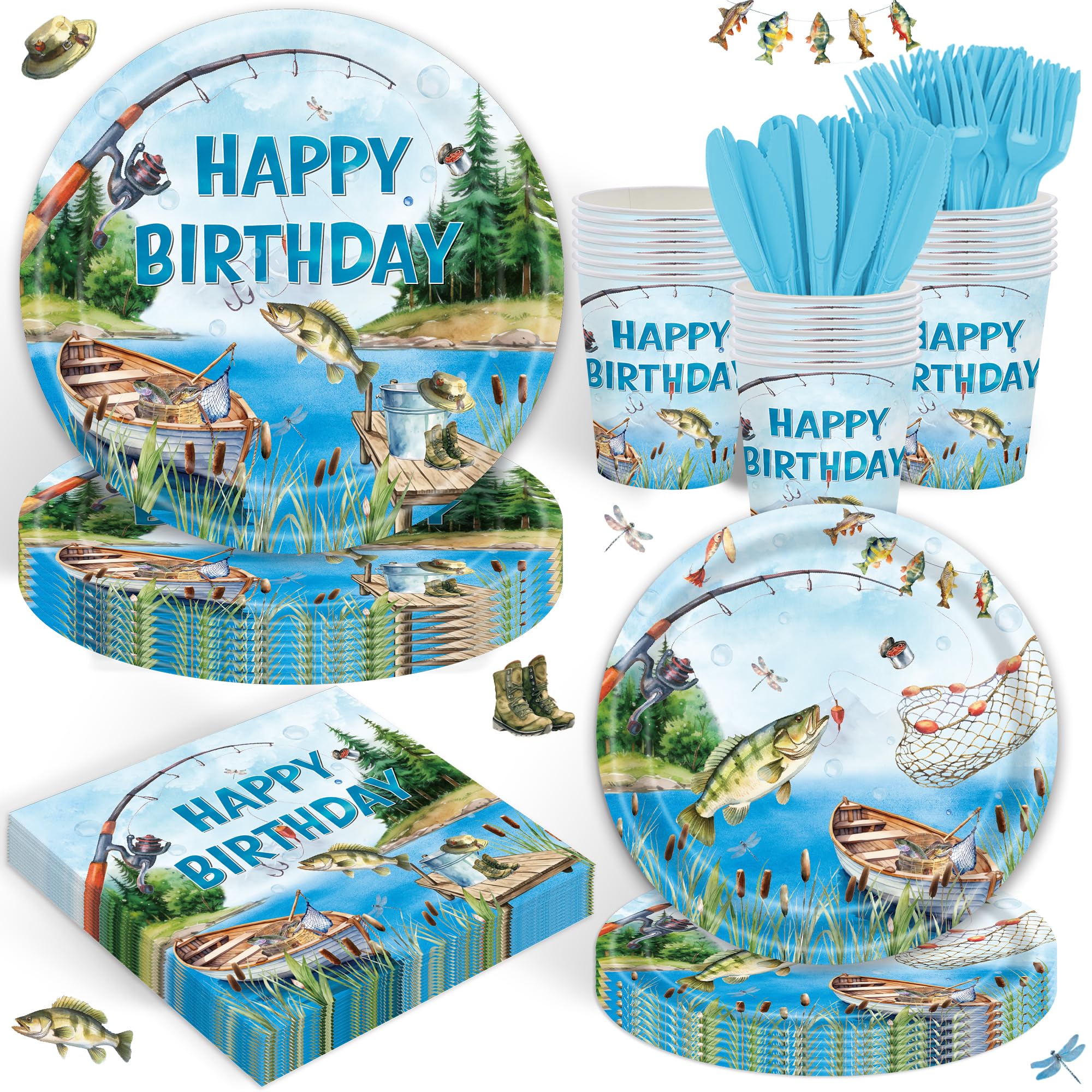 Photo 1 of 120Pcs Fishing Party Supplies,Disposable Tableware Set,Include Plates Napkins Cups Forks,Little Fisherman Themed Paper Plates Set for Birthday Serves 20