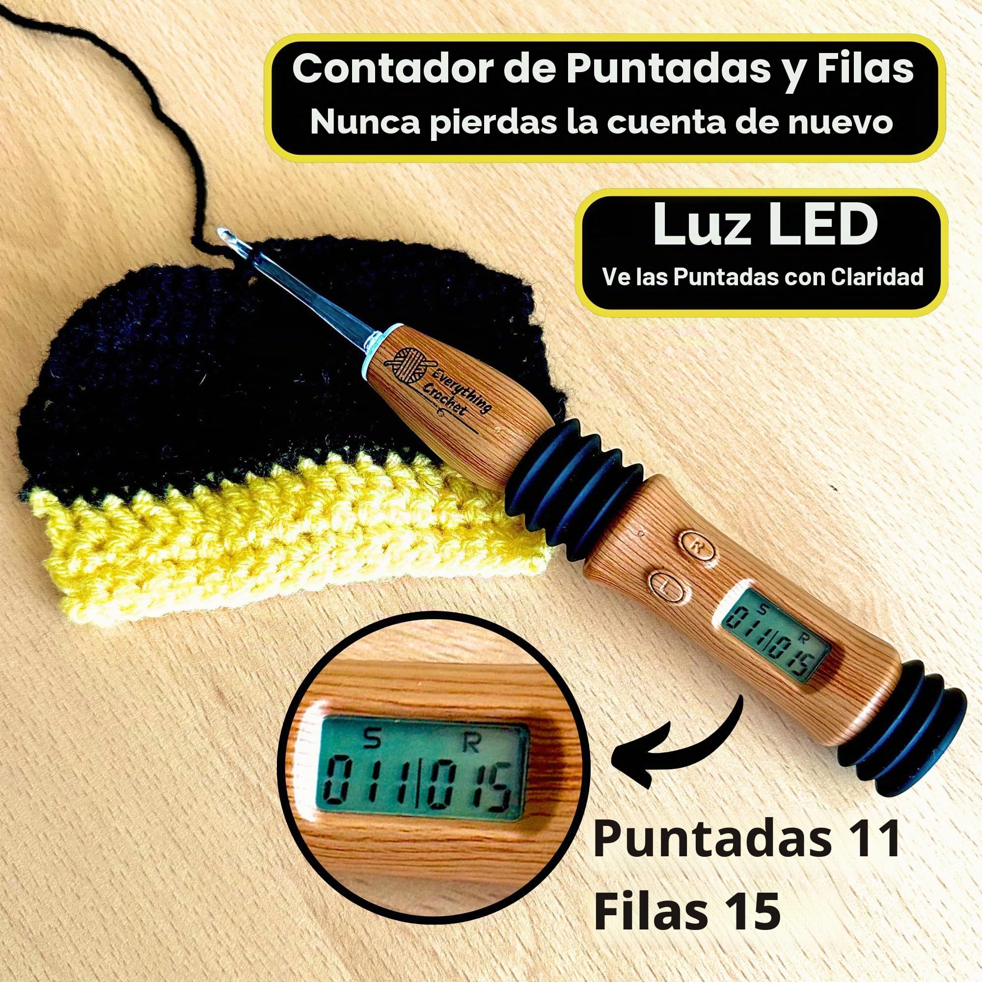 Everything Crochet Juego de agujas de ganchillo vintage con luz y contador - Ergonómico para manos artríticas - Iluminación, puntada digital y contador de filas - Kit de ganchos intercambiables de 17