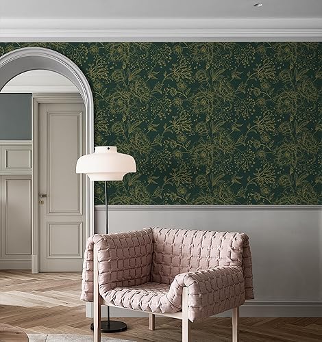 Miniatura 5 de Safiyya Papel tapiz de contacto floral bohemio para despegar y pegar, 78 x 17.3 pulgadas, papel de pared dorado y verde oscuro, moderno,
