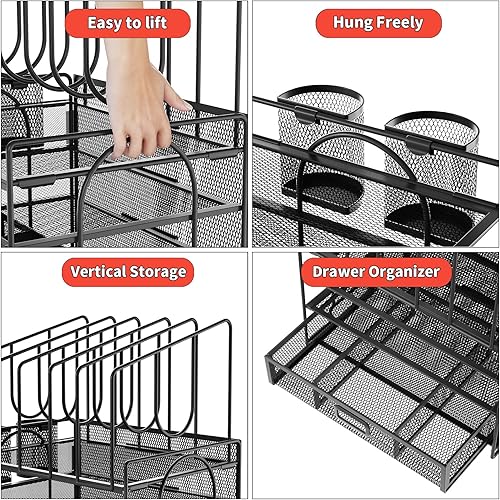 Miniatura 2 de Marbrasse Organizador de escritorio, organizador de archivos de escritorio de malla de 4 niveles con 5 soportes verticales para archivos y 2