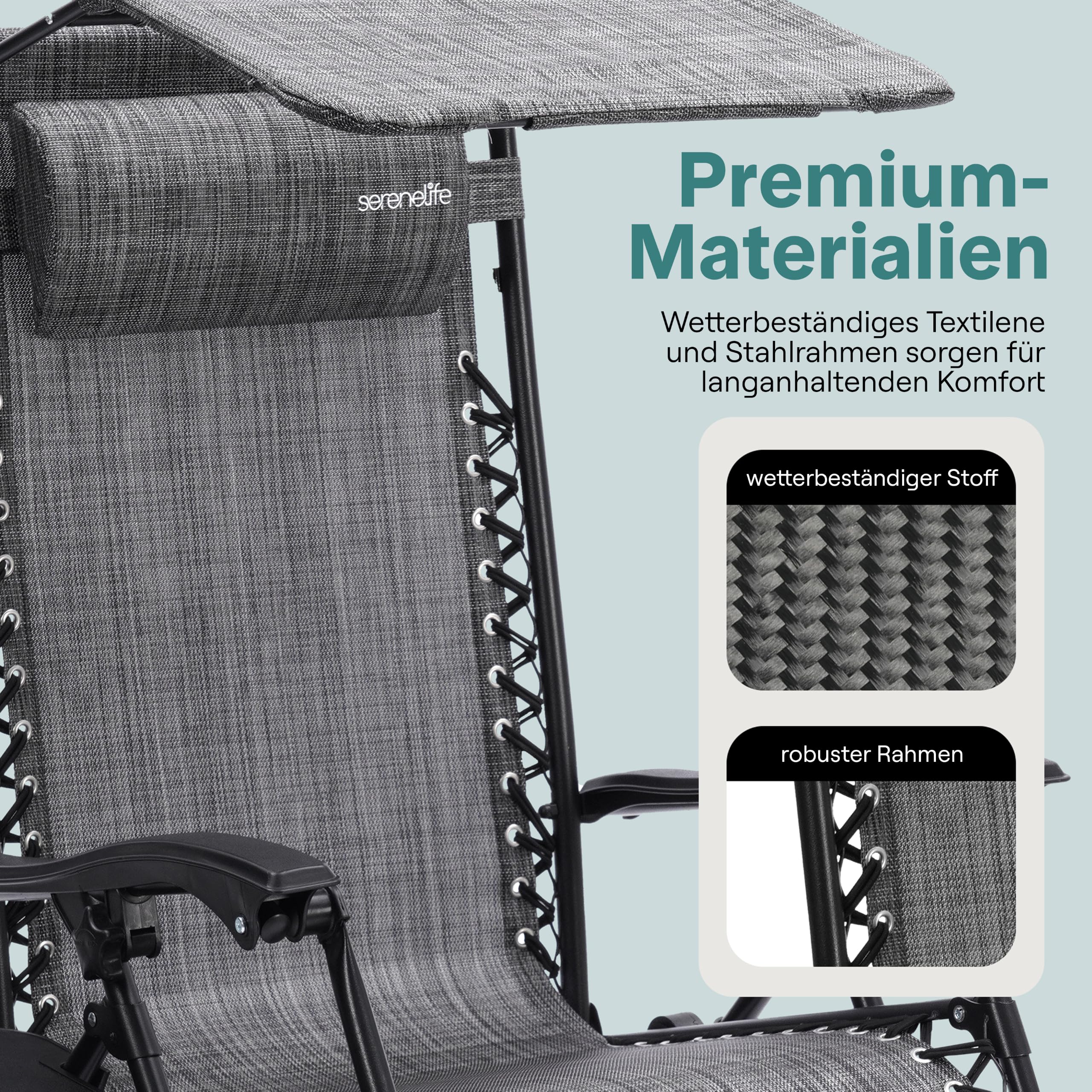 SereneLife Sonnenliege Klappbar 2er Set, mit Sonnendach, Liegestuhl für Garten und Balkon, bis 120 kg, Grau, Verstellbar und Wetterfest, mit Getränkehalter und Kopfstütze, für Strand Camping Relax