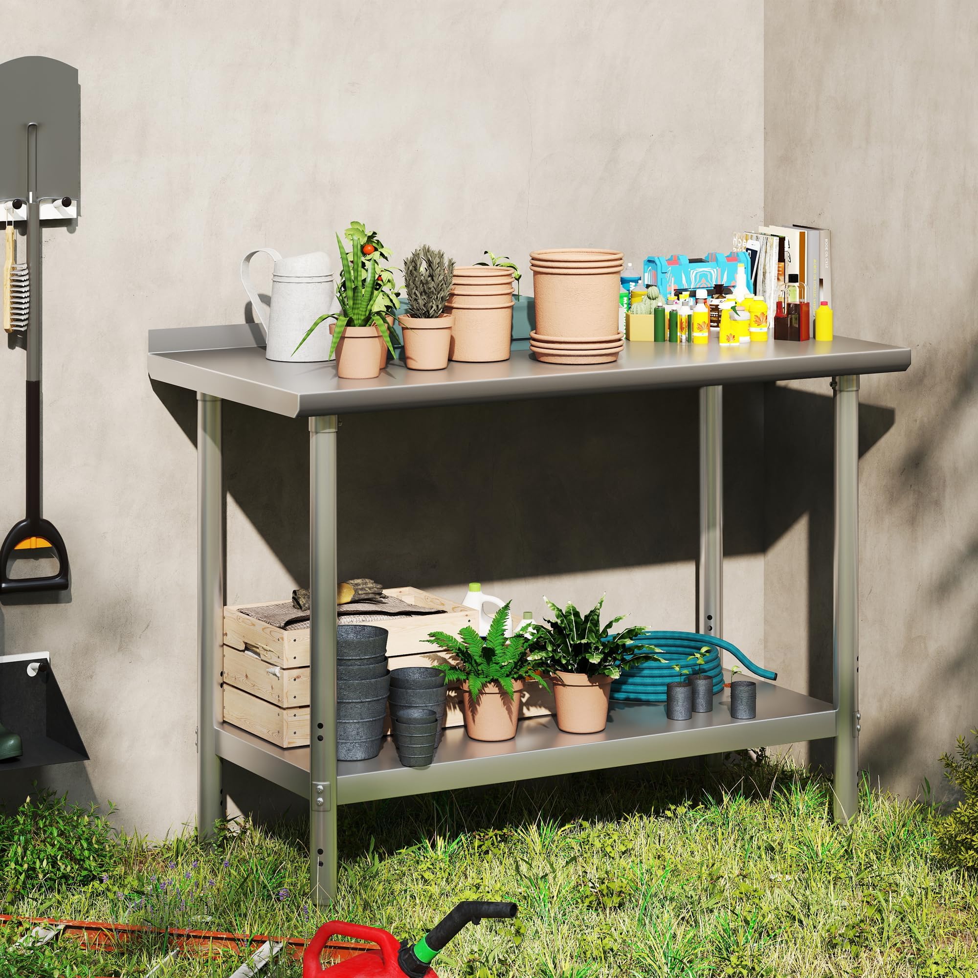 HARDURA Mesa de Acero Inoxidable 61x122 cm, Mesa de Trabajo para Cocina Comercial con Estante Inferior Ajustable y Salpicadero