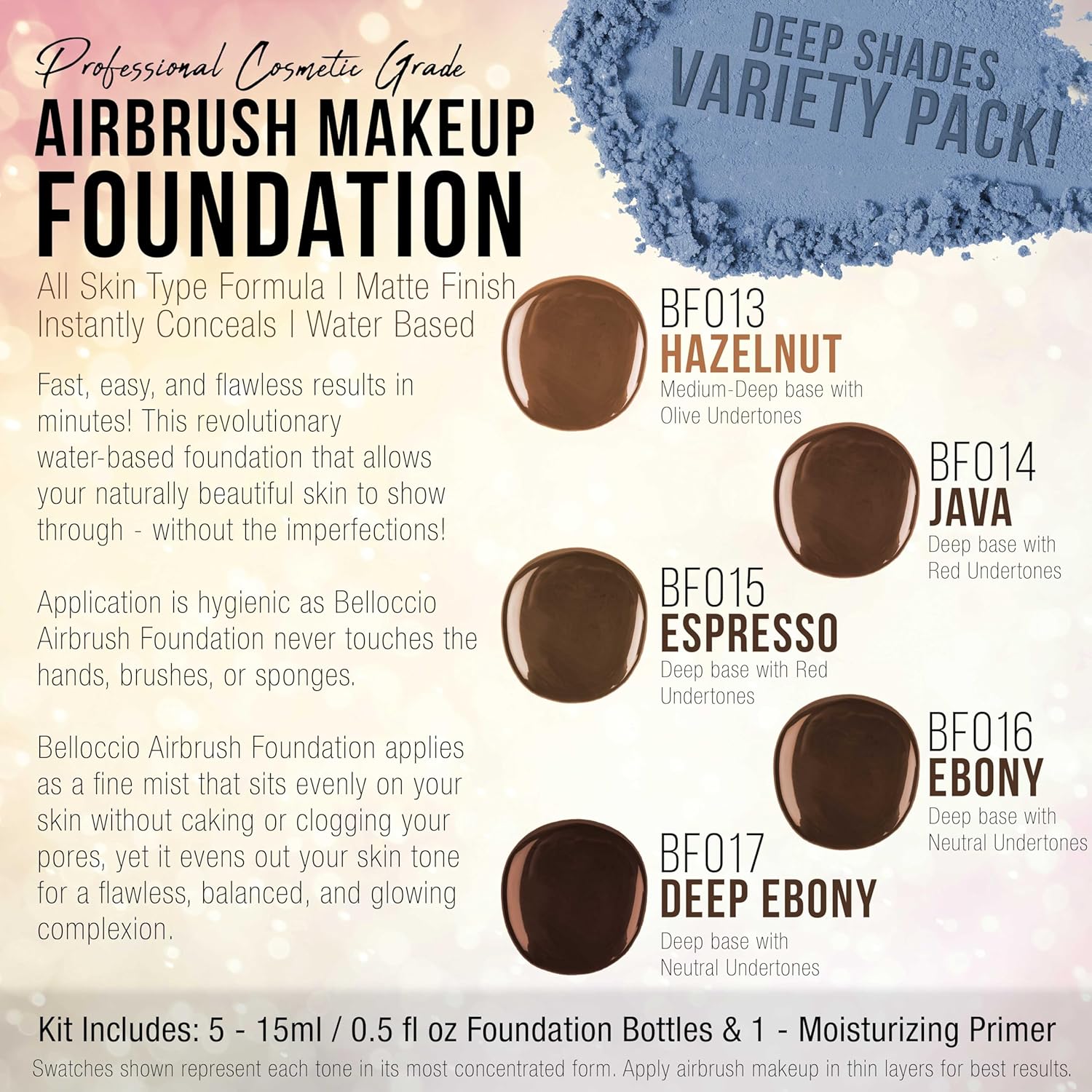 Belloccio Complete Cordless Handheld Airbrush Cosmetic Makeup System with 5 Dark Foundation Shades, Professional 18-Piece Kit, Moisturizing Primer, Blush, Bronzer, Highlighter, Concealer, User Guide - Image 4