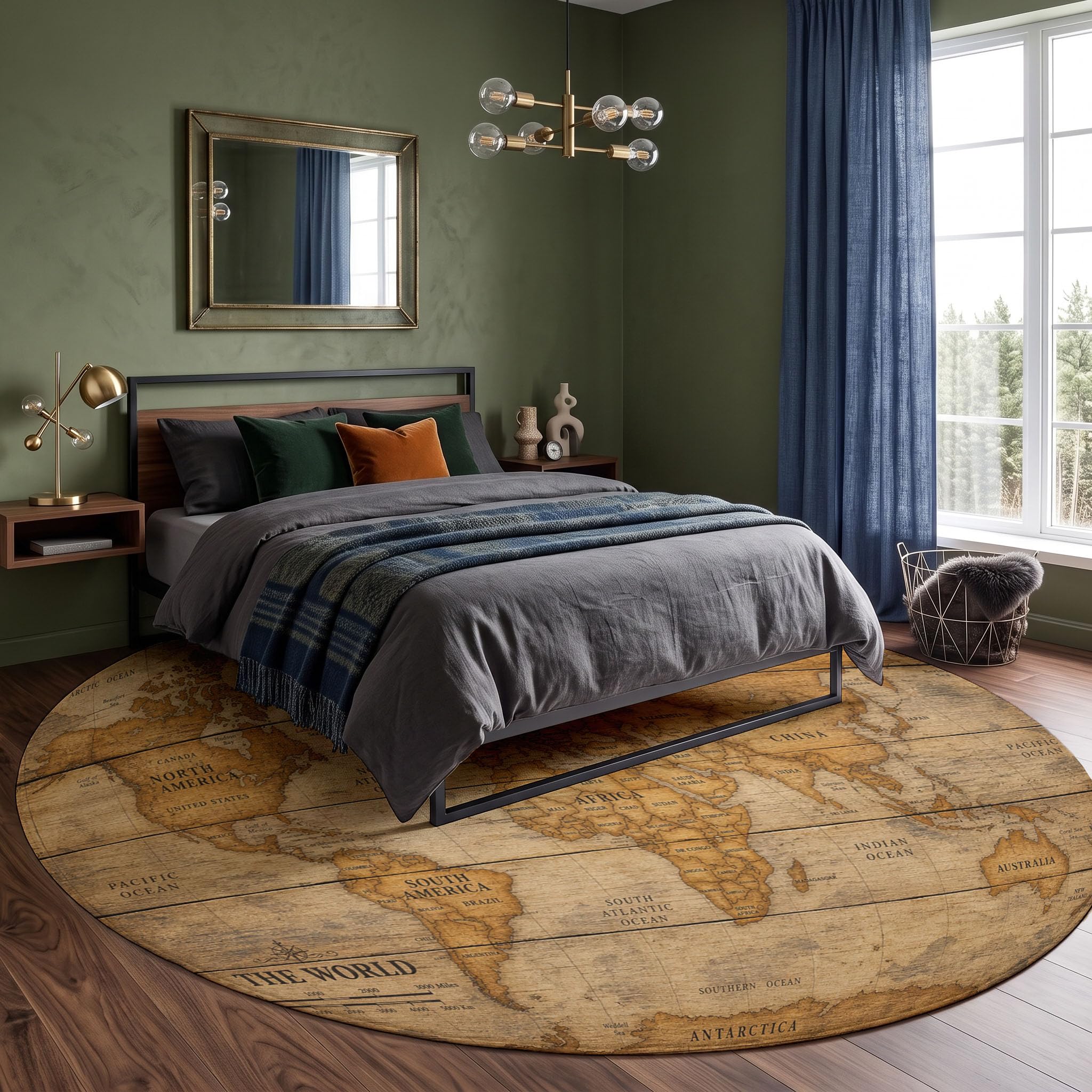Tapis Salon Rond 180cm Carte du Monde Boussole Lavable | Antidérapant Poil Ras Tapis Rond Style Nautique Rétro pour Chambre Salle a Manger Salon Décoration D'intérieur