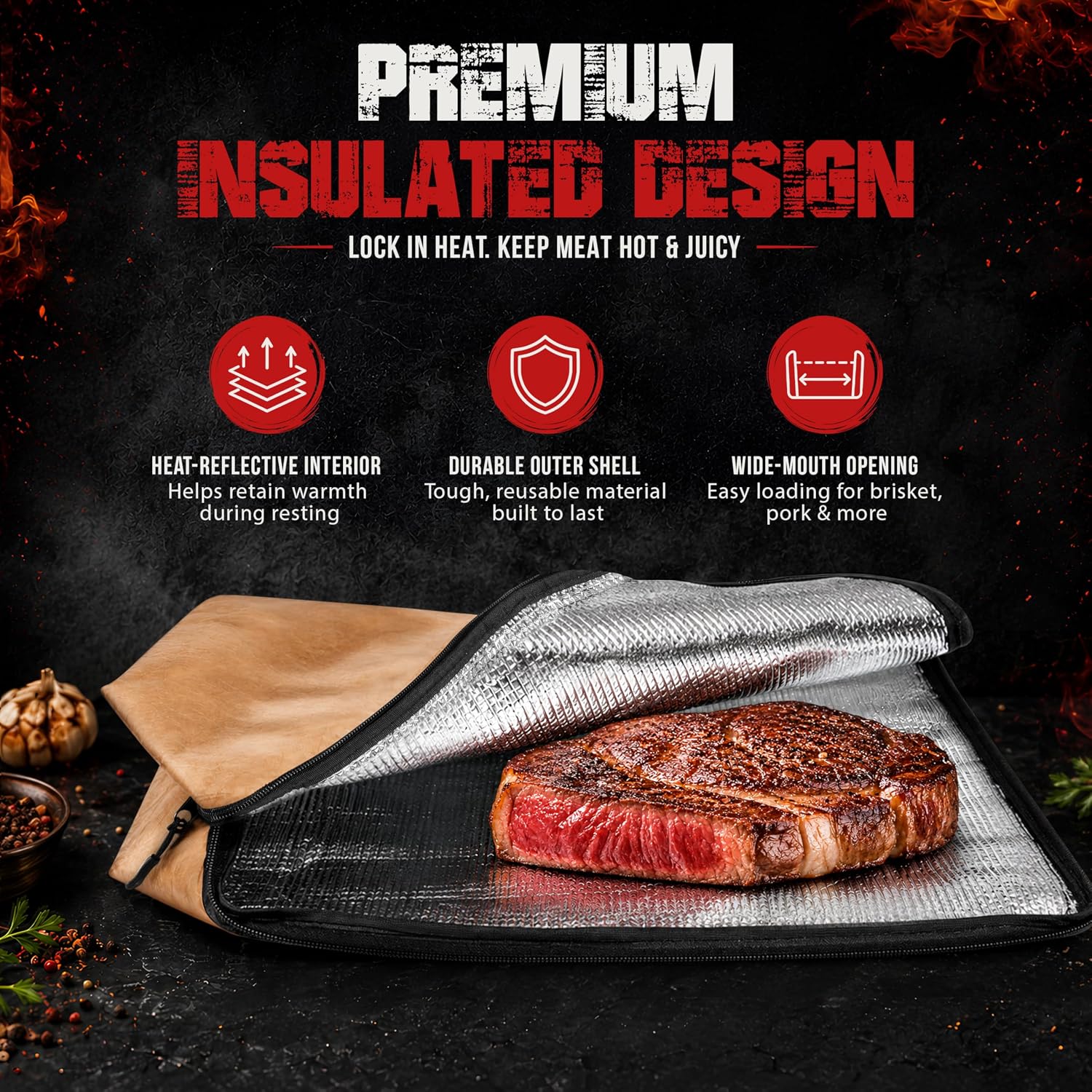 Insulated BBQ Blanket for Resting Meat - Multi-Layer Leakproof BBQ Resting Bag with Wide Mouth Zipper for Smoking, Grilling, Brisket, Pork Shoulder, Steak, Turkey