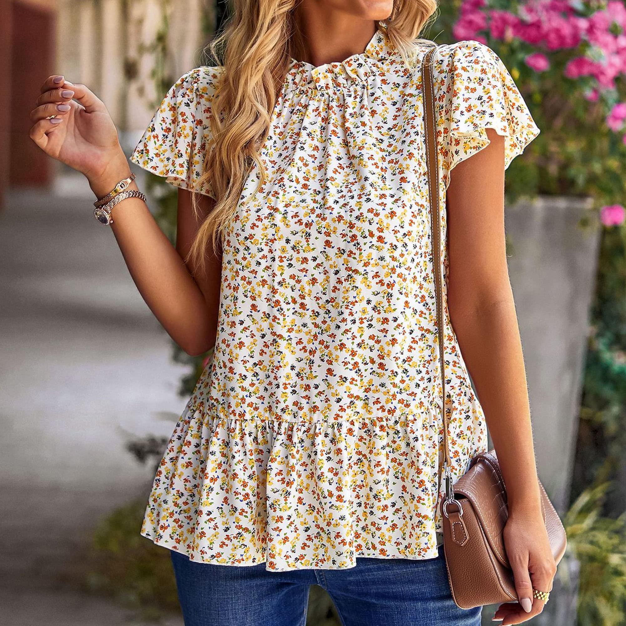 Women's Casual V Neck Short Sleeve Frill Trim Blouse Shirt Top Mock Neck Casual Tops Loose Hem Shirts (X-Large,Yellow)