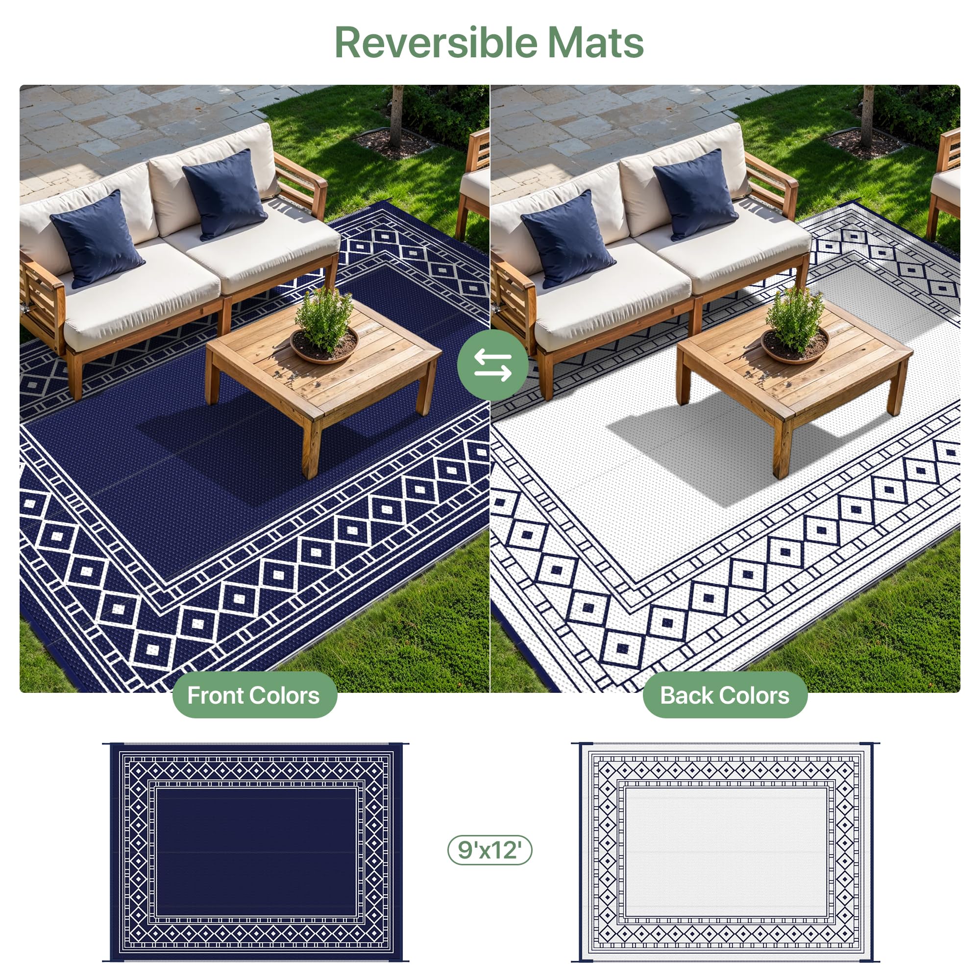 GENIMO Alfombra de exterior impermeable de 9 x 12 pies para patio, plegable, reversible, de pajillas de plástico para remolques de viaje, tapete de exterior para caravana, cubierta, picnic, porche,
