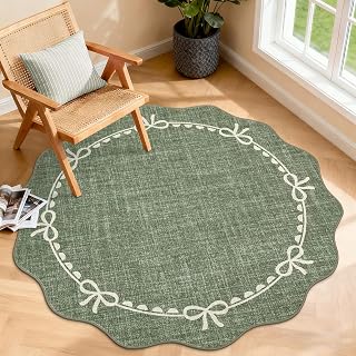 GarveeHome 4ft Round Rugs Washable Scalloped Bow Rug for Bedroom, Green
