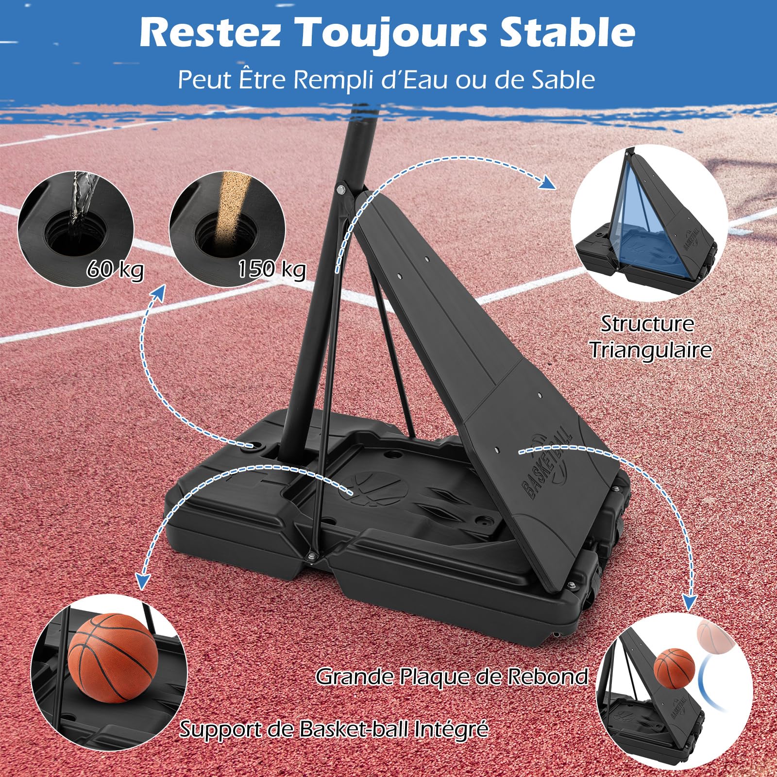 COSTWAY Panier de Basket sur Pied Extérieur Hauteur 1,5/2,45-3,05 m, But de Basket-Ball Adultes Portable avec Panneau Incassable Base Remplissable à roulettes pour Jardin Terrain