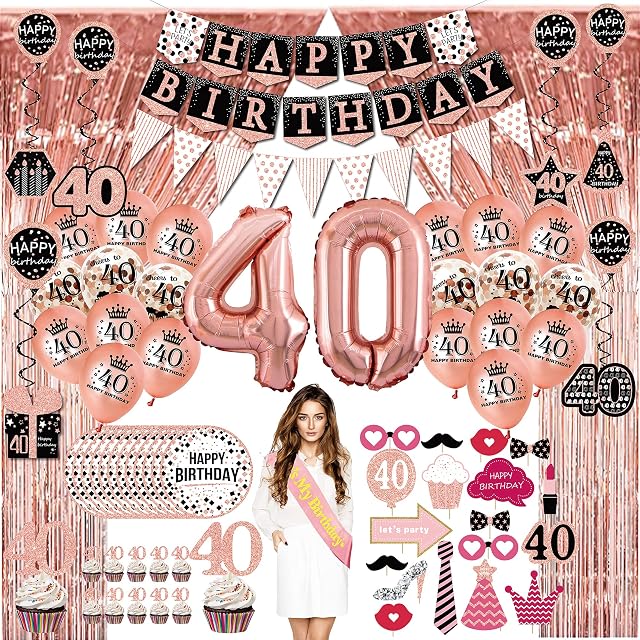 40th Birthday Decorations for Women, Rose Gold Party deko, Pennant, Hanging Swirl, Birthday Balloons, Foil Backdrops, Cupcake Topper, Plates, Photo Props, Birthday Sash