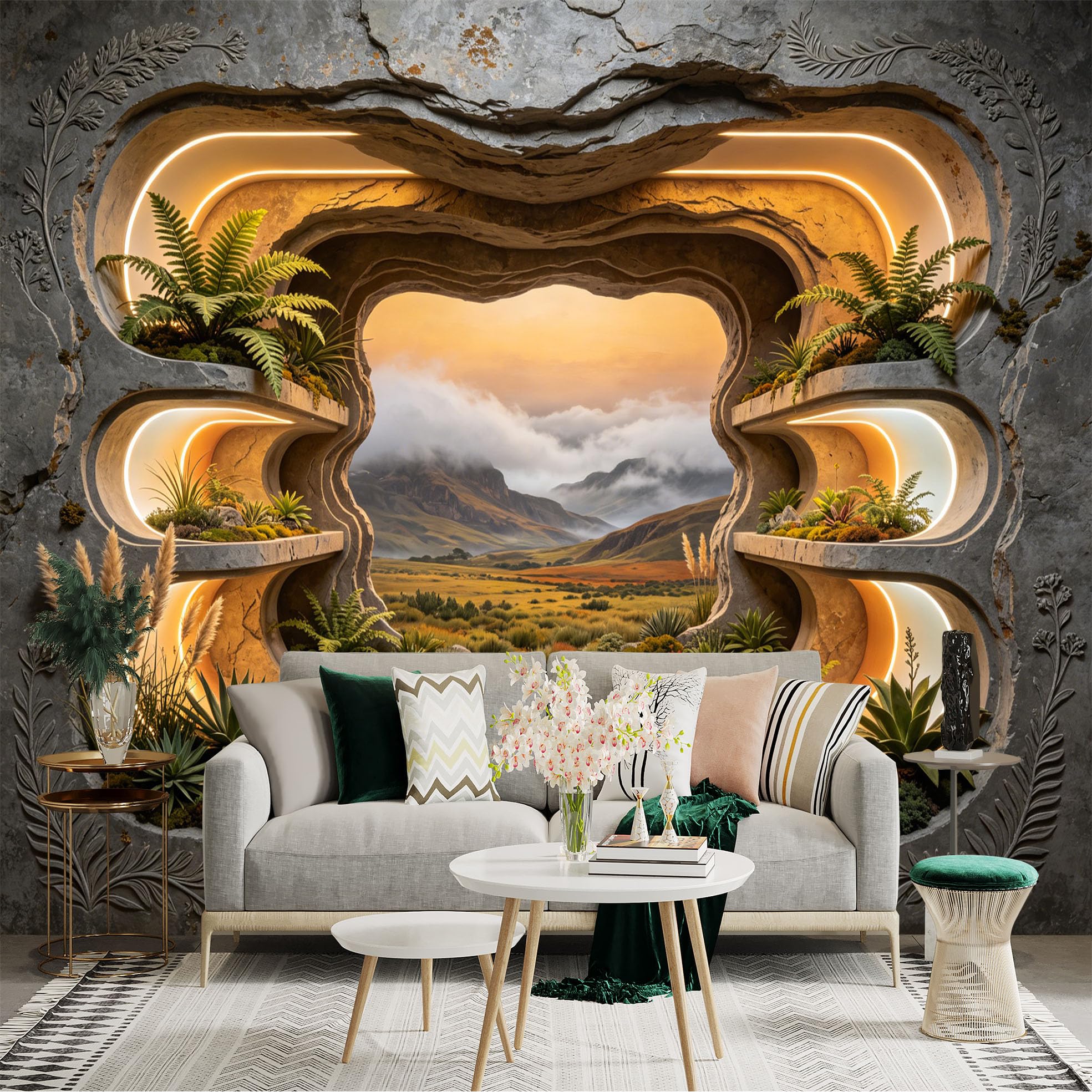 Custom Size Wall Sticker Mural， Futuristic Stone Cave with Plants and Mountain Sunset Landscape， for wall Decoration， peelandstick wall Decals.