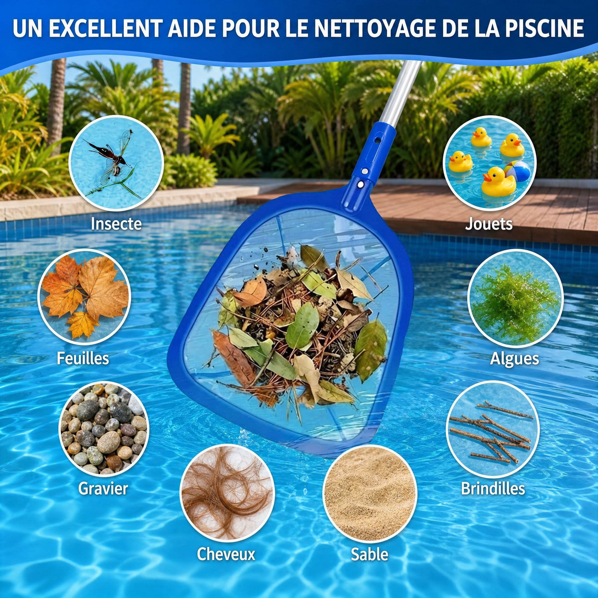 Épuisette de Piscine, 140 cm Epuisette Piscine Surface, Skimmer pour Bassin, Filet Piscine avec Télescopique en Aluminium Perche, Kit Nettoyage Professional pour Piscine, Fontaine, Étang, Spa