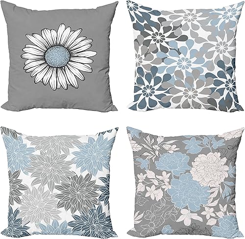 Ambesonne Paquete de 4 fundas de cojín florales con diseño de pétalos de flores, paleta de colores moderna, manzanilla, peonía, dalia y girasol,