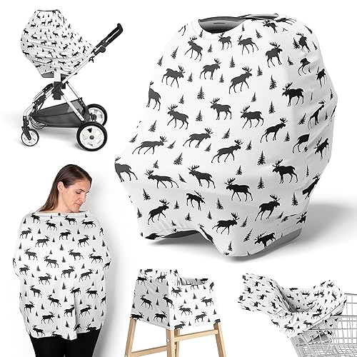 Sweet Jojo Designs Woodland Moose Boy - Funda para asiento de bebé para bebé lactancia carrito de compras toldo para cochecito - Parche rústico de