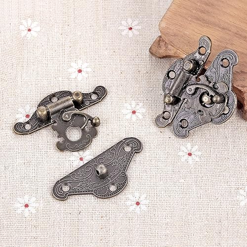 Miniatura 5 de Bisagras pequeñas para caja de madera, kit de reparación de 6 piezas de pestillo decorativo, bisagras, hebilla, pestillo decorativo con 12 diseños