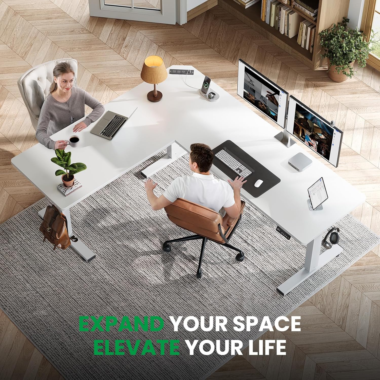 SIAGO L-Shaped Standing Desk - 63 x 55 Inch Adjustable Corner Standing Desk with Charging Station - L Shape Sit Stand Table with Memory Controller, Splice Board for Home Office - 2