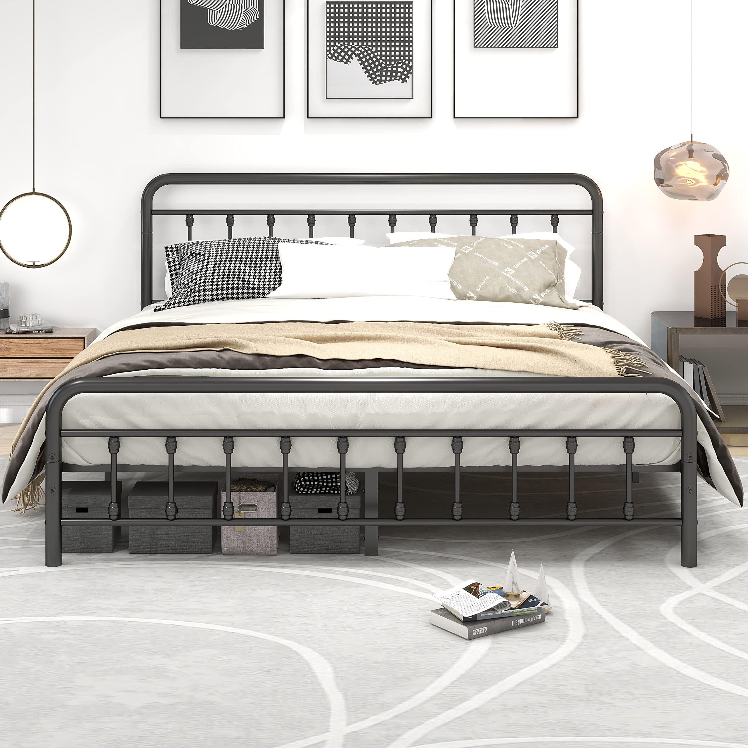 DUMEE King Bed Frame with Headboard and Storage Under Bed, Metal Bed ...