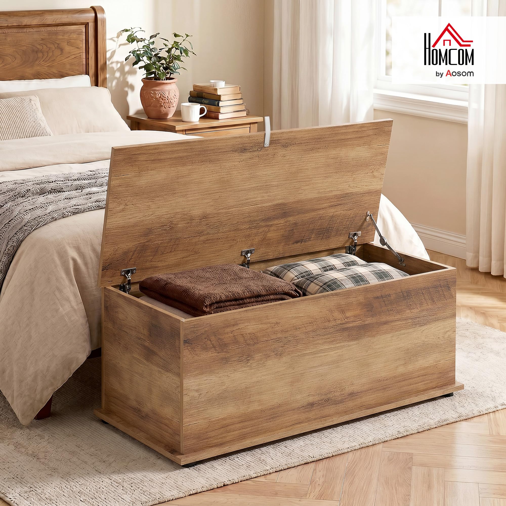 HOMCOM Cassapanca Contenitore da Interno 113L con Coperchio Ribaltabile, Baule Contenitore per Soggiorno e Ingresso, Panca Contenitore, Effetto Legno Marrone
