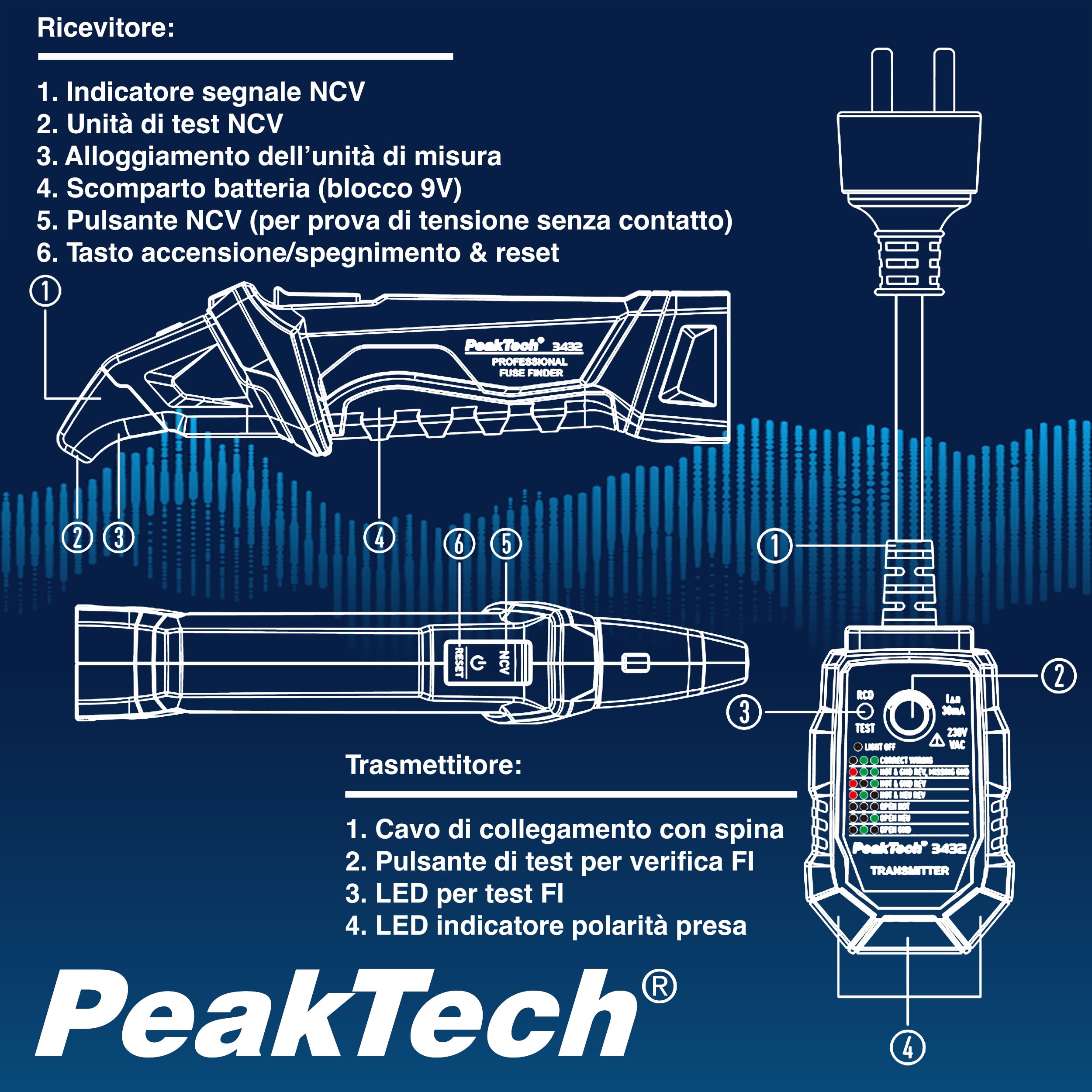PeakTech P 3432, rilevatore di fusibili, dispositivo di localizzazione per circuiti elettrici, tester di tensione senza contatto, con tester per prese Schuko da 230 V, tester di fase NCV, dispositivo