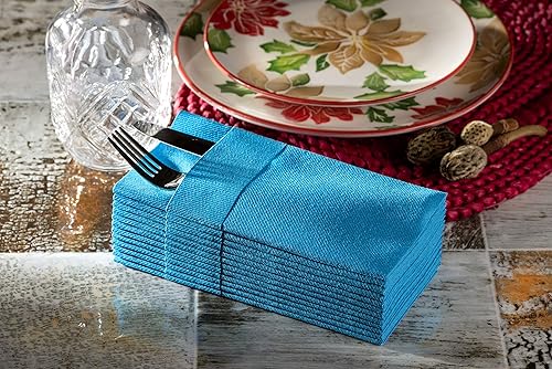 Miniatura 4 de Servilletas de papel de color azul con bolsillo para cubiertos, desechables, absorbentes y con sensación de lino para cocina, baño, fiestas, bodas,