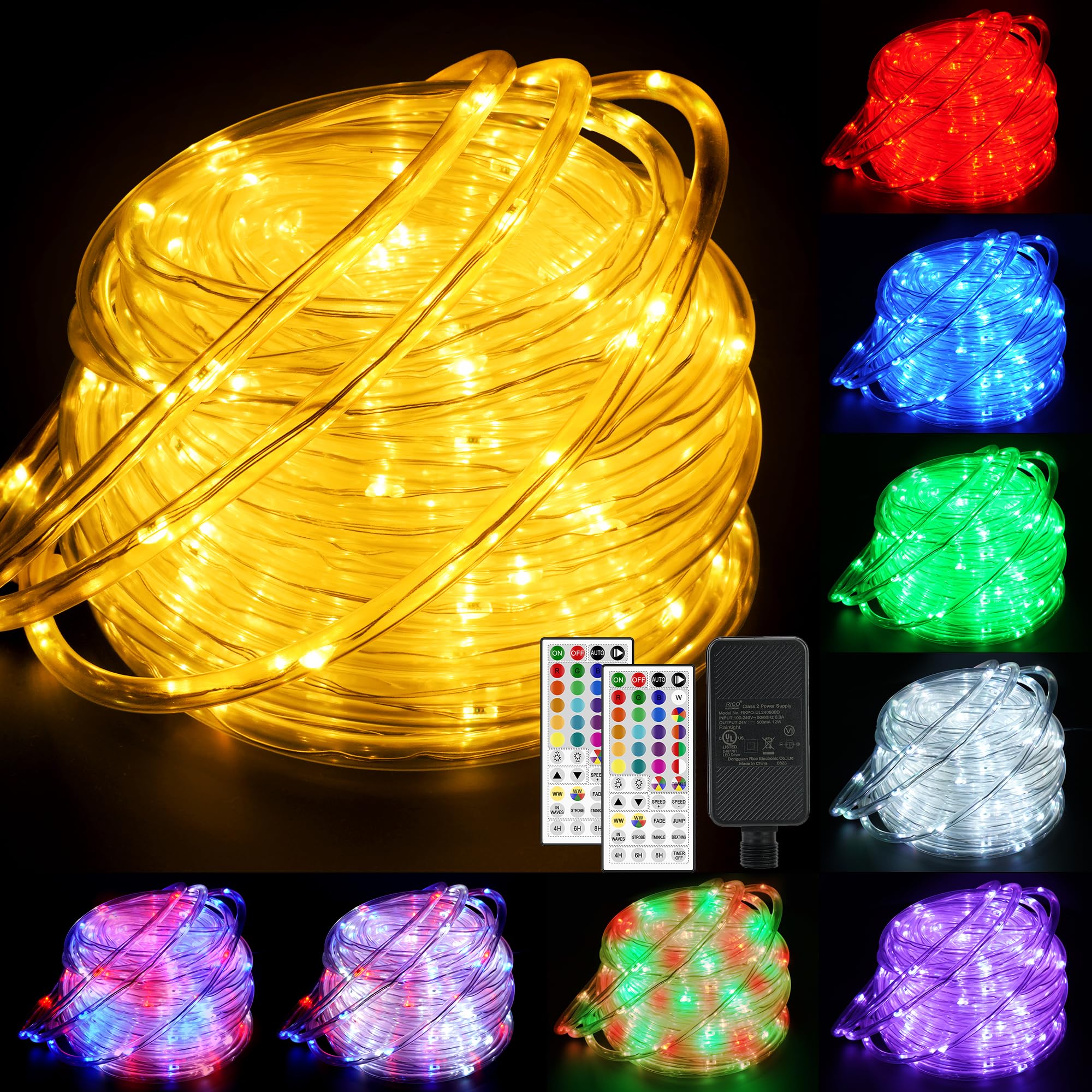 66ft 200LED Rope Light Outdoor String Lights, 24 Colors+Warm White Outdoor LED Lights Plug in, RGB Color Changing Fairy Light with Remote Rope Lighting for Camping Garden Patio Party Christmas Décor