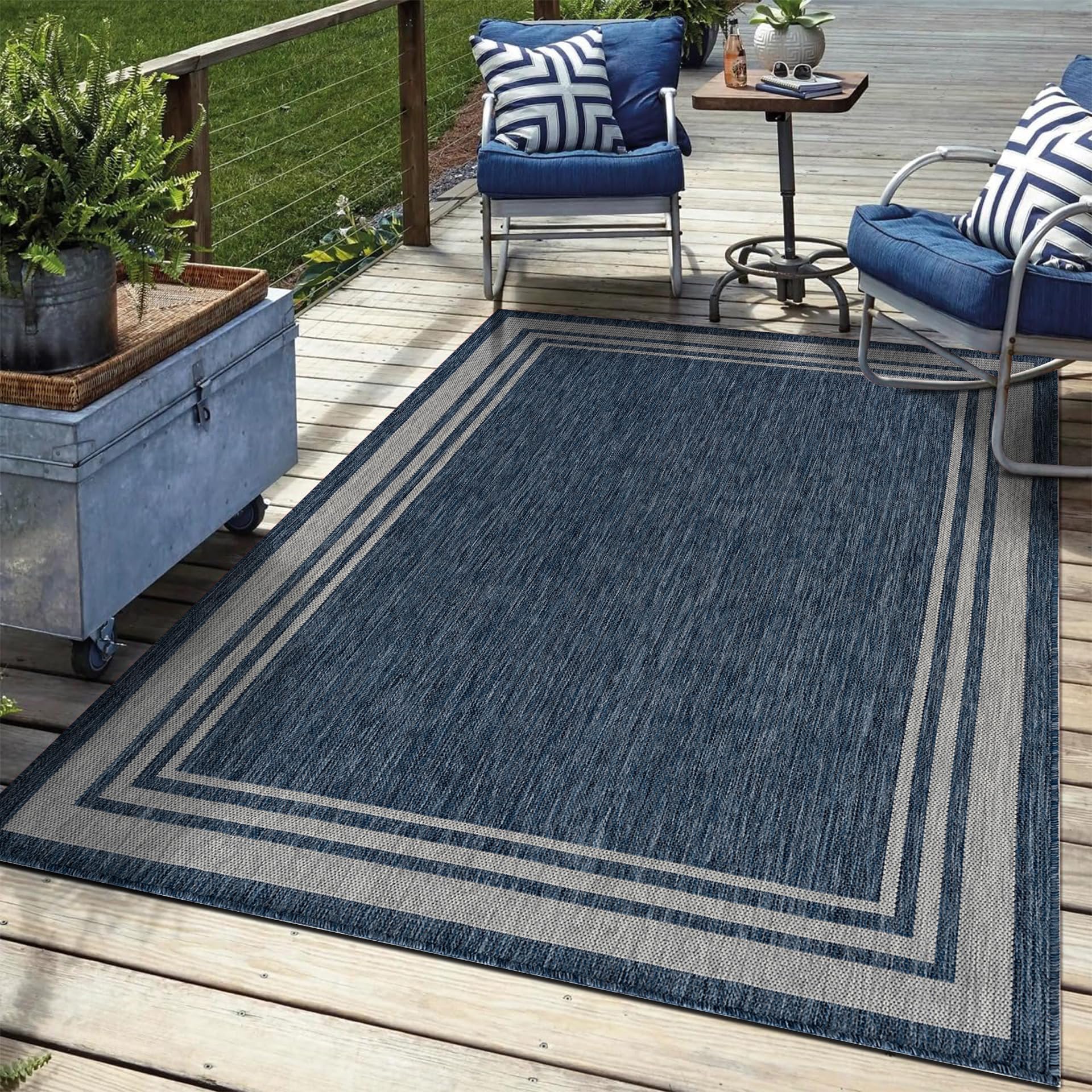 Keen Home Design Waterproof Outdoor Area Rug Patio Deck Porch 10x14 Border Navy