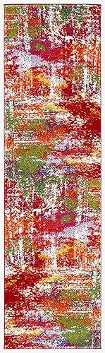 Miniatura 2 de SAFAVIEH Watercolor Collection - Alfombra para pasillo, 2 pies 3 pulgadas x 8 pies, naranja y verde, diseño abstracto bohemio moderno, no desprende