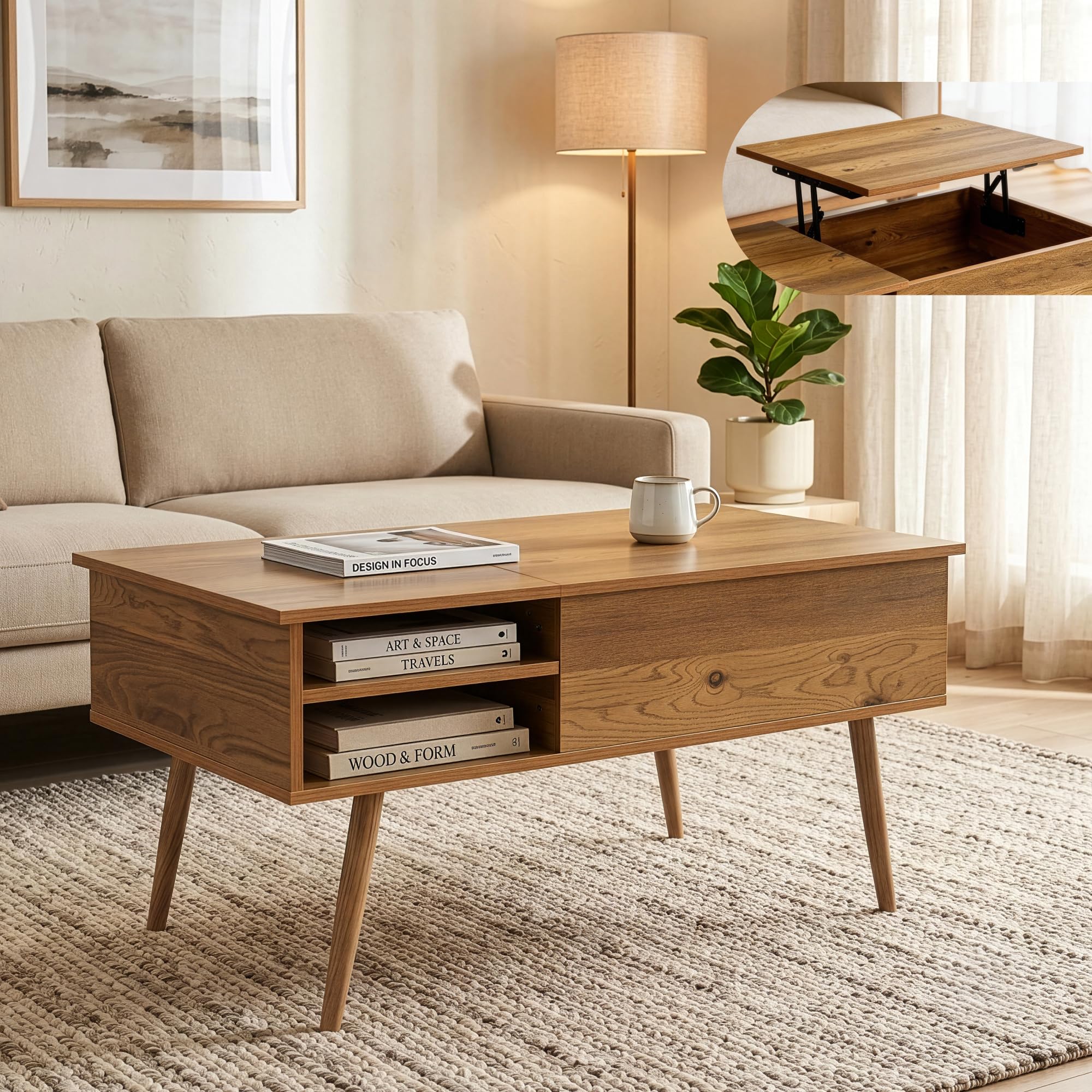 [en.casa] Couchtisch Vasdabod mit Liftplatte 96x59x50 cm Eicheoptik | Couchtisch mit Stauraum, höhenverstellbar, Beistelltisch, Wohnzimmertisch, Sofatisch, rechtekig, 2 offene Ablagefächer