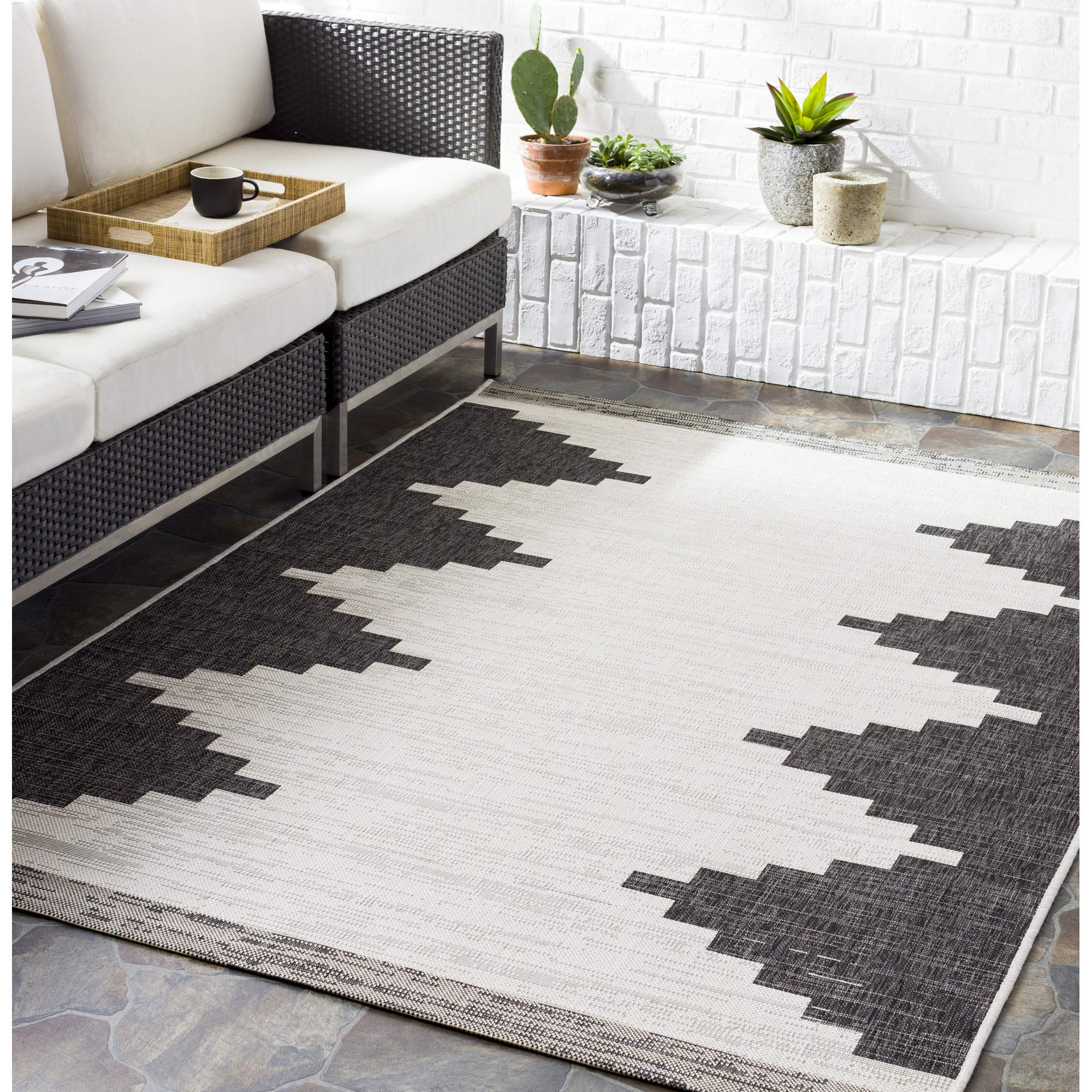 Livabliss Rubal Lagada Geometric Round Floor Covering 160 cm – Boho Pattern for Patio & Garden, UV & Weather Resistant, Cream & Grey