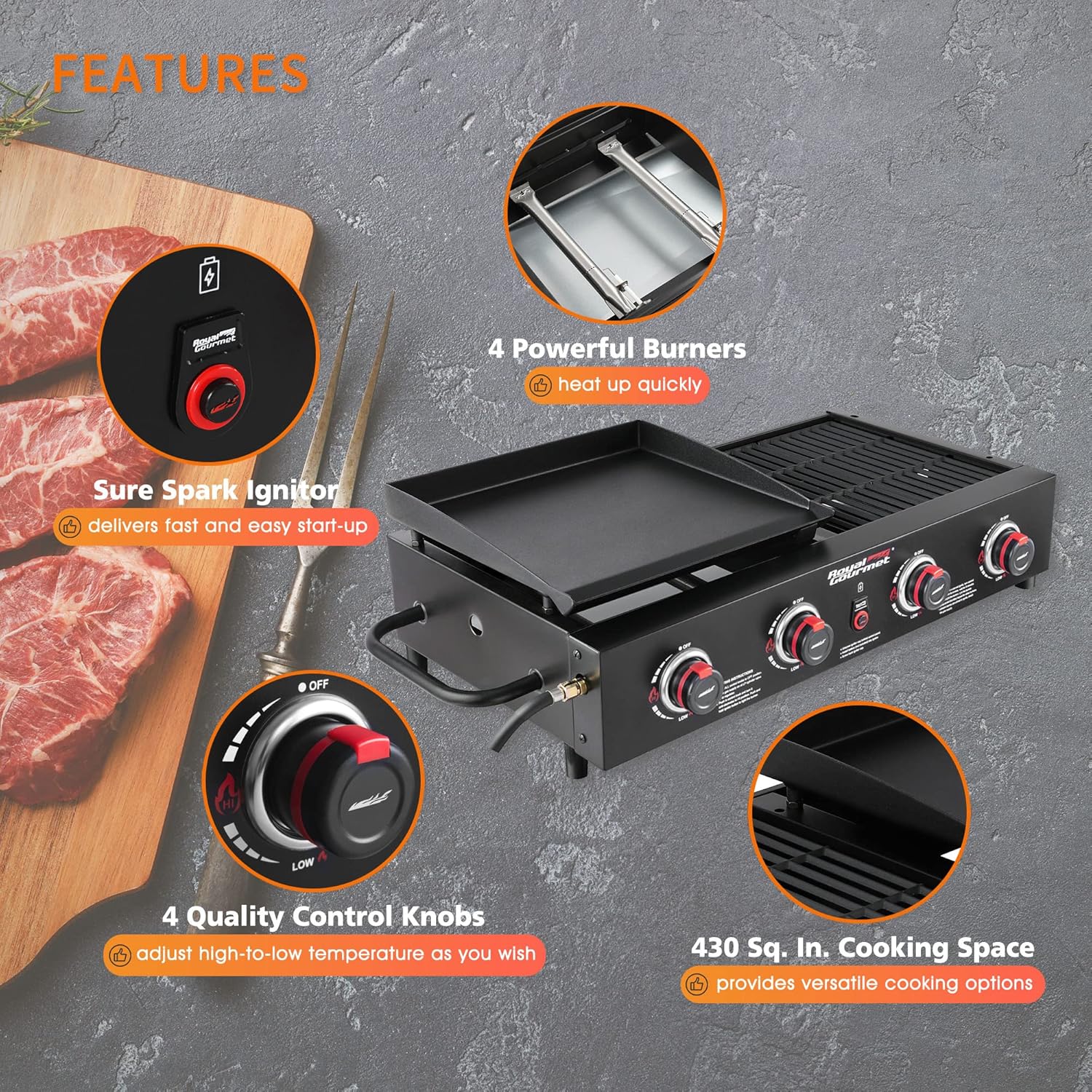 Royal Gourmet GD4002TB 4-Burner Grill & Griddle Combo, Black : Patio, Lawn & Garden